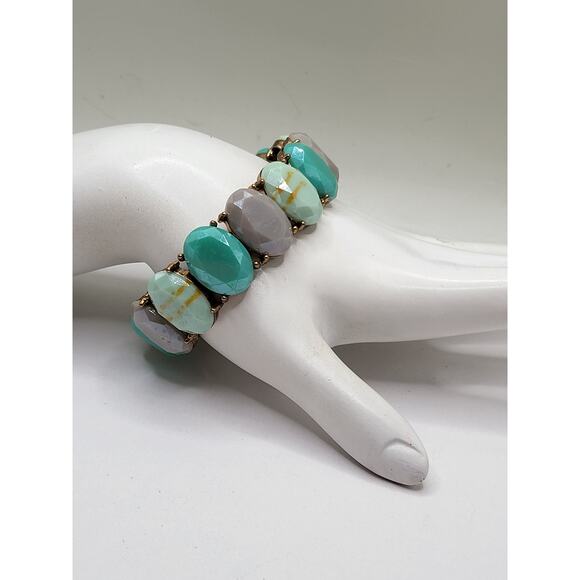 Vintage faceted oval glass stretch bracelet turquoise, gray marbled beads - Picture 6 of 6